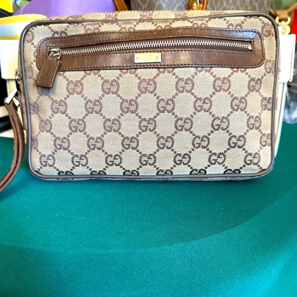 Gucci Vintage Monogrammed Tan & Brown Pouch with wristlet strap - Picture 1 of 11